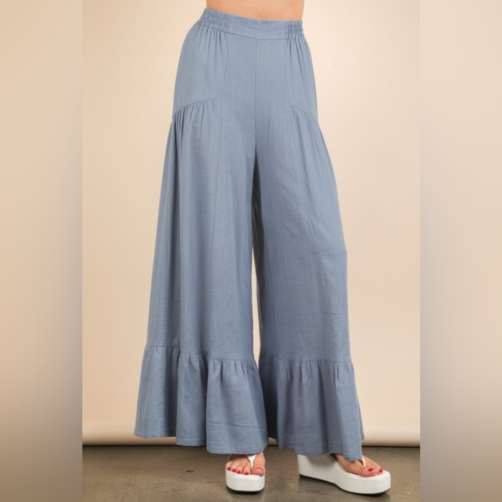 Very J Dusty Blue Wide-Leg Ruffle Hem Pants